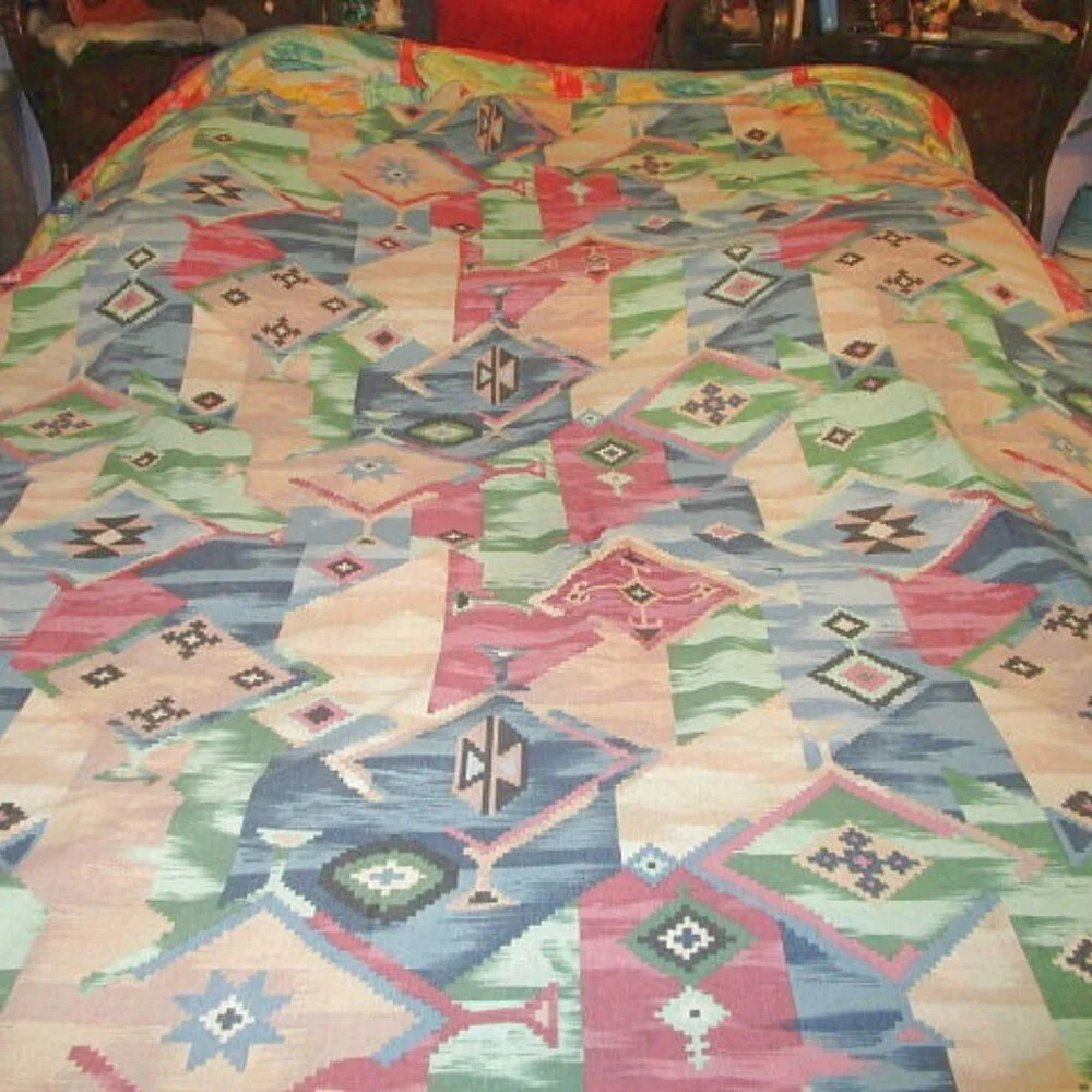 Vtg Southwestern Patchwork Fabric Tablecloth Oval 59